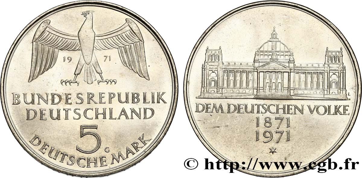 DEUTSCHLAND 5 Mark Centenaire du parlement allemand 1971 Karlsruhe fST 