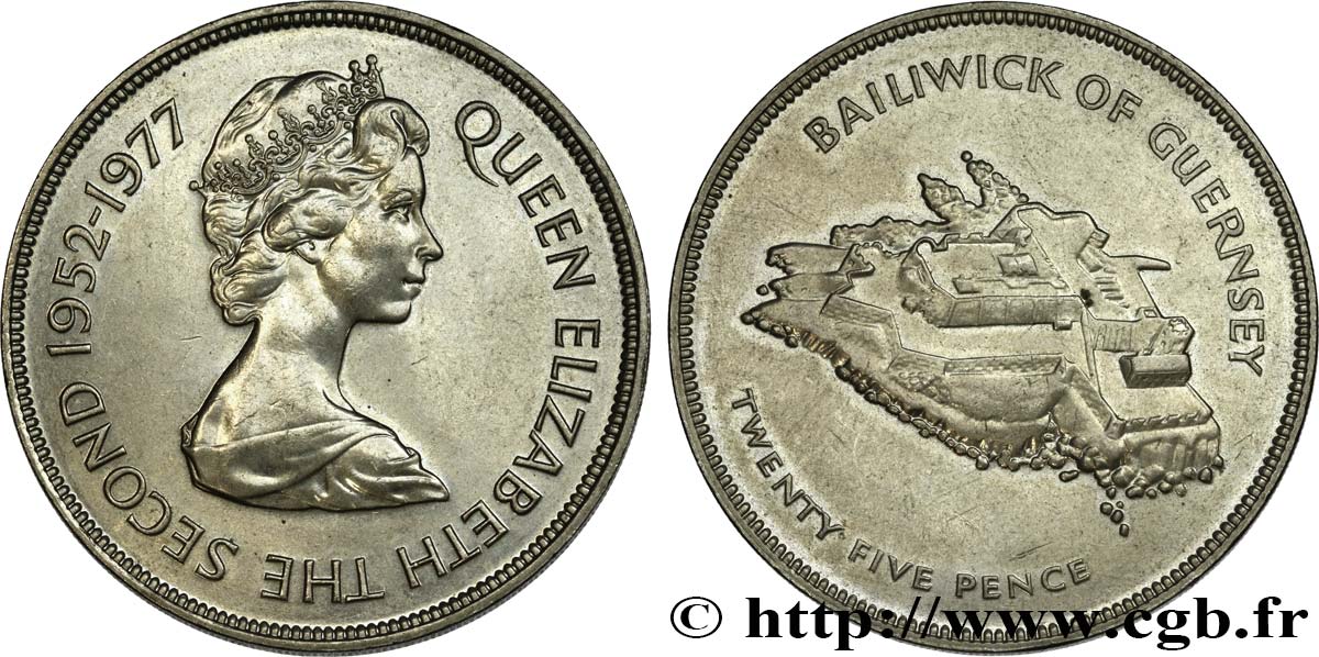 GUERNSEY 25 Pence Jubilé d’argent d’Elisabeth II 1977  SC 
