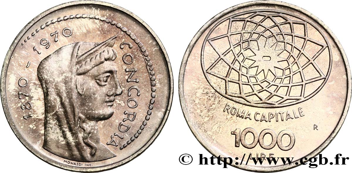 Italy 1000 Lire 100e Anniversaire De Rome Capitale De L Italie 1970 Rome Fwo World Coins