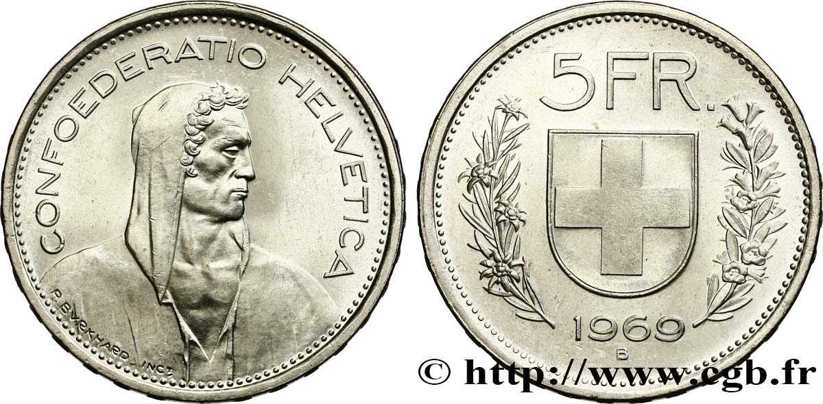 SCHWEIZ 5 Francs Berger des alpes 1969 Berne fST 
