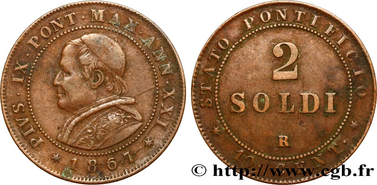 VATICAN AND PAPAL STATES 2 Soldi (10 Centesimi) Pie IX an XXI 1867 Rome VF 