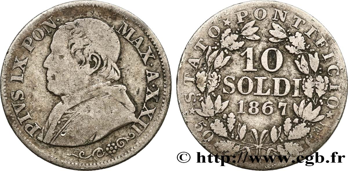 VATICAN AND PAPAL STATES 10 Soldi Pie IX an XXII 1867 Rome VF 