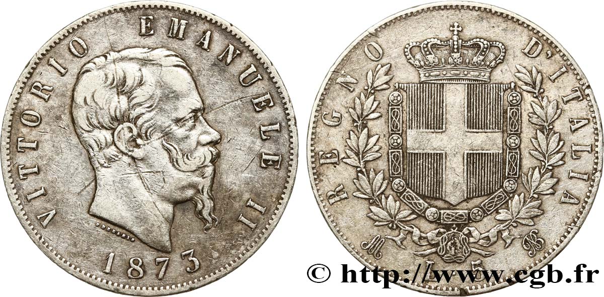 ITALIE 5 Lire Victor Emmanuel II 1873 Milan TB 