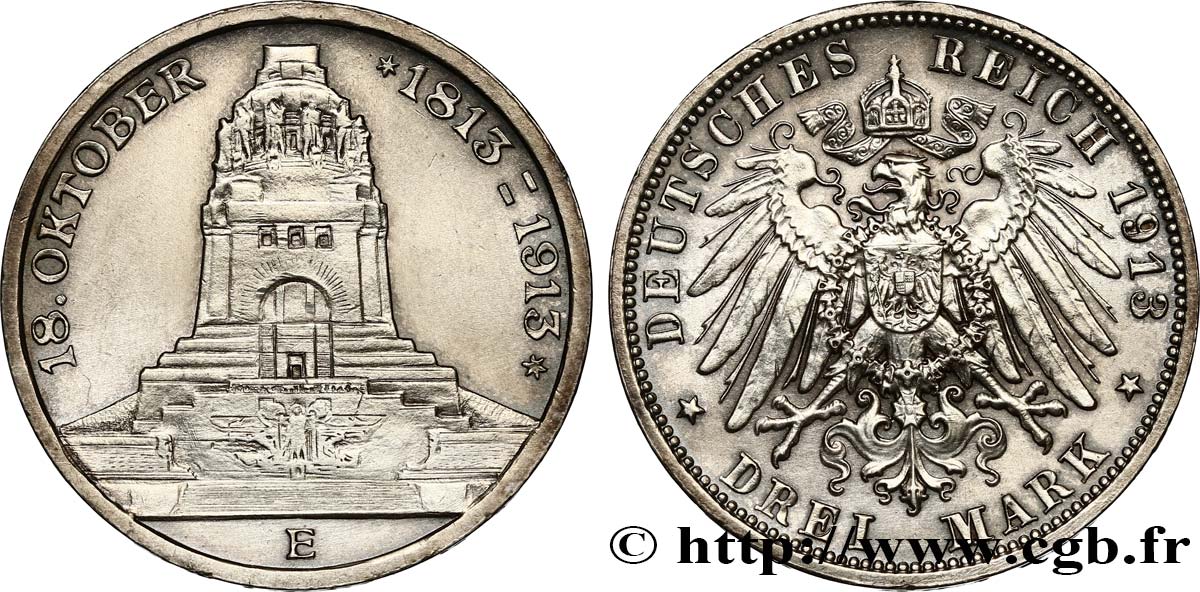 DEUTSCHLAND - SACHSEN 3 Mark ‘Monument de la Bataille des Peuples’  1913 Muldenhütten VZ 