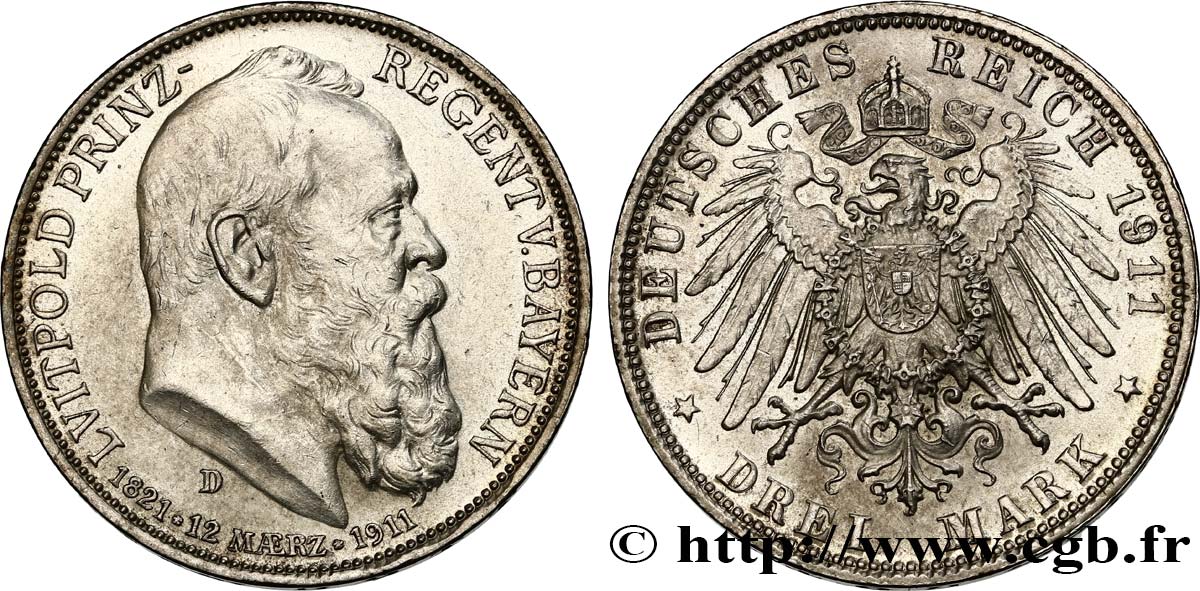 GERMANY - BAVARIA 3 Mark Léopold  1911 Munich  AU 