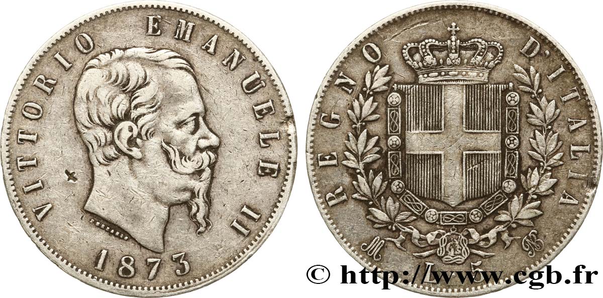 ITALIE 5 Lire Victor Emmanuel II 1873 Milan TTB/TTB+ 
