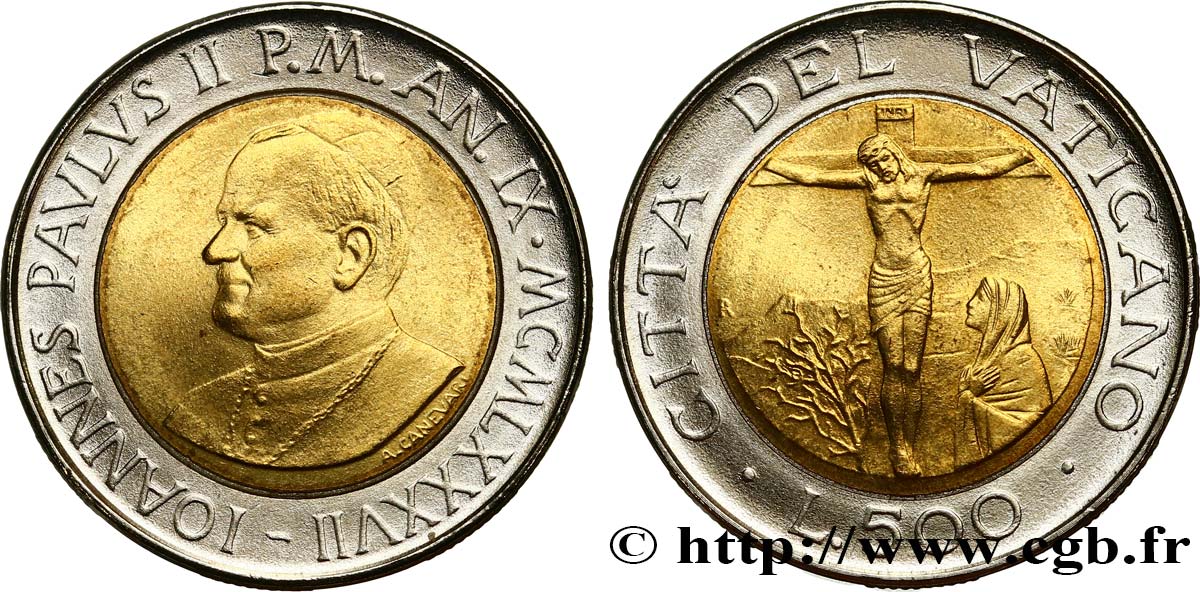 VATICANO E STATO PONTIFICIO 500 Lire Jean Paul II an IX / Marie et le Christ crucifié 1987 Rome MS 