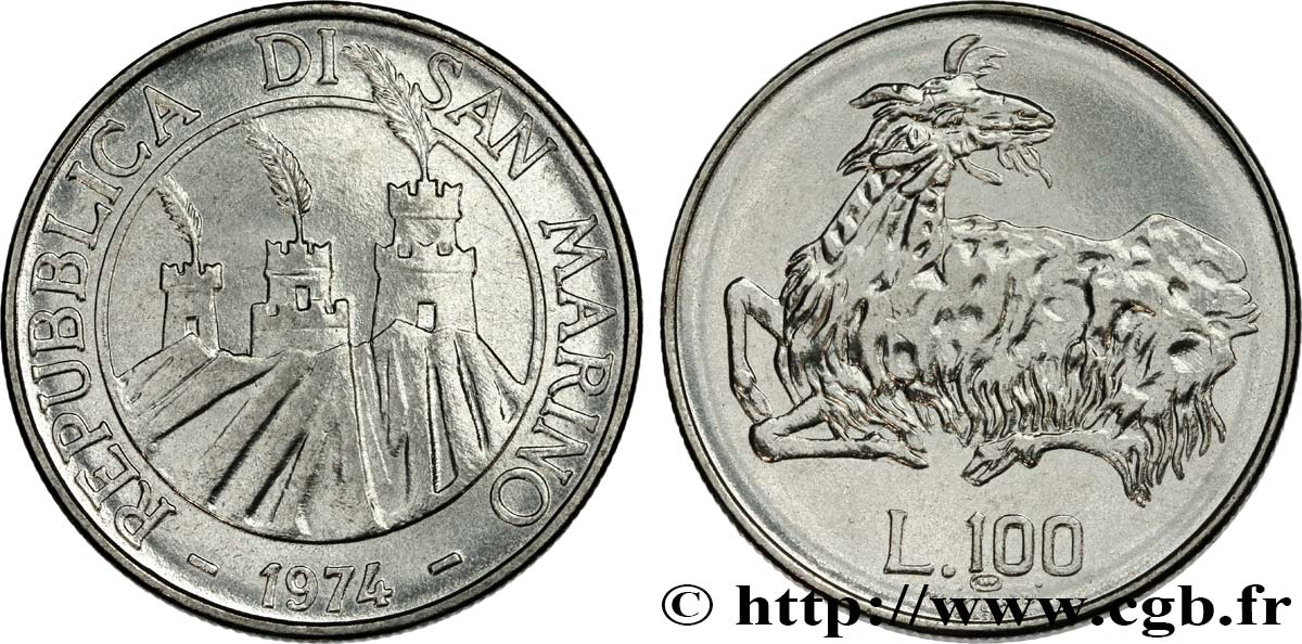 SAINT-MARIN 100 Lire 3 tours / chèvre 1974  FDC 