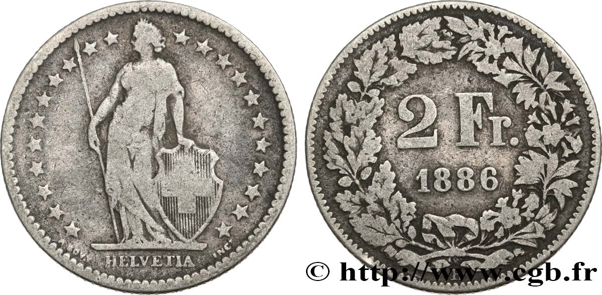 SWITZERLAND 2 Francs Helvetia 1886 Berne VF 
