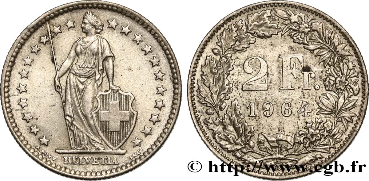 SWITZERLAND 2 Francs Helvetia 1964 Berne AU 