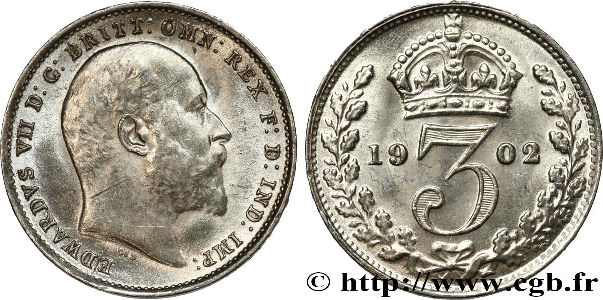 VEREINIGTEN KÖNIGREICH 3 Pence Edouard VII 1902  VZ 