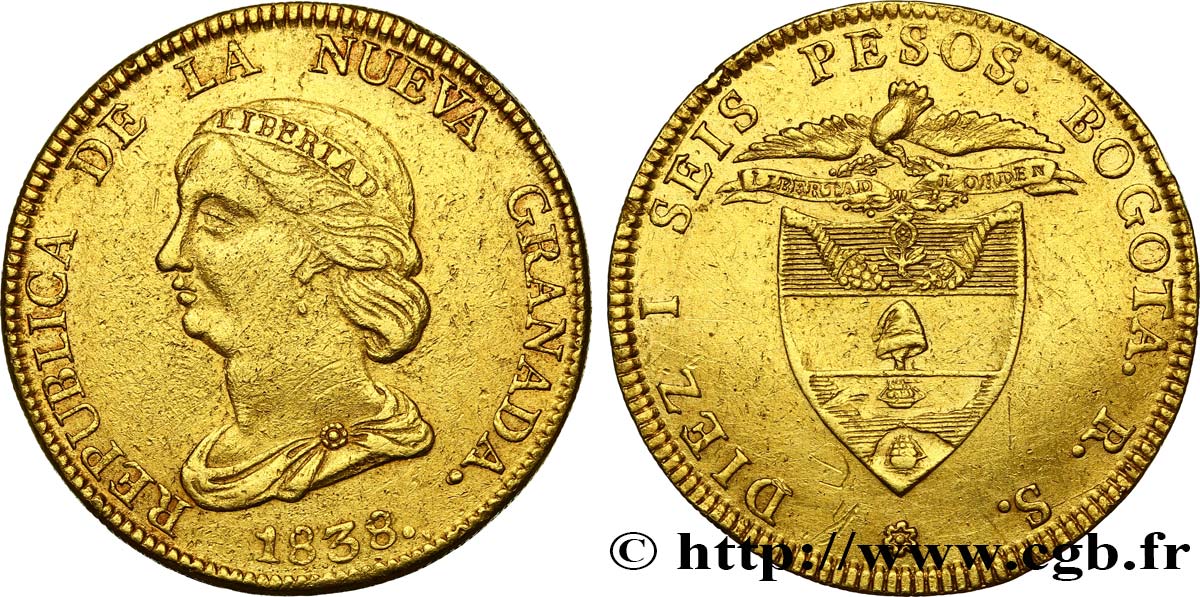 COLOMBIA - REPÚBLICA DE LA NUEVA GRANADA 16 Pesos en or 1838 Bogota MBC 