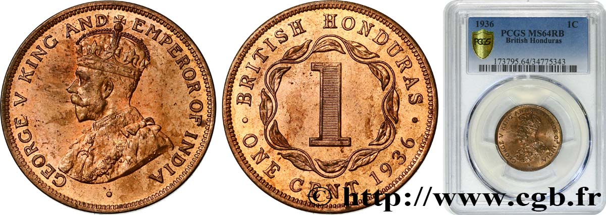 BRITISH HONDURAS 1 Cent Georges V 1936  fST64 PCGS