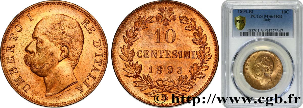 ITALY 10 Centesimi Humbert Ier 1893 Birmingham MS64 PCGS