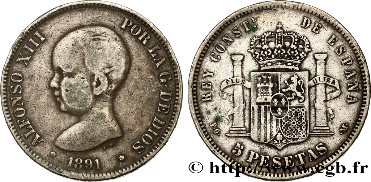 ESPAÑA 5 Pesetas Alphonse XIII 1er type 1891 Madrid BC 