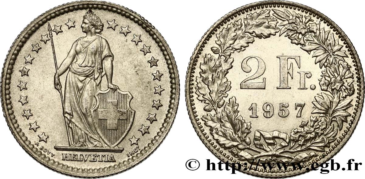 SUISSE 2 Francs Helvetia 1957 Berne SPL 