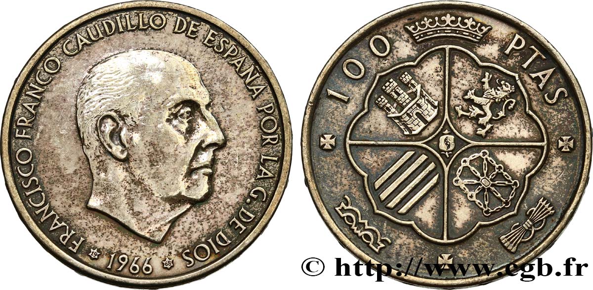 SPAIN 100 Pesetas Francisco Franco (1968 dans les étoiles) 1966 Madrid XF 