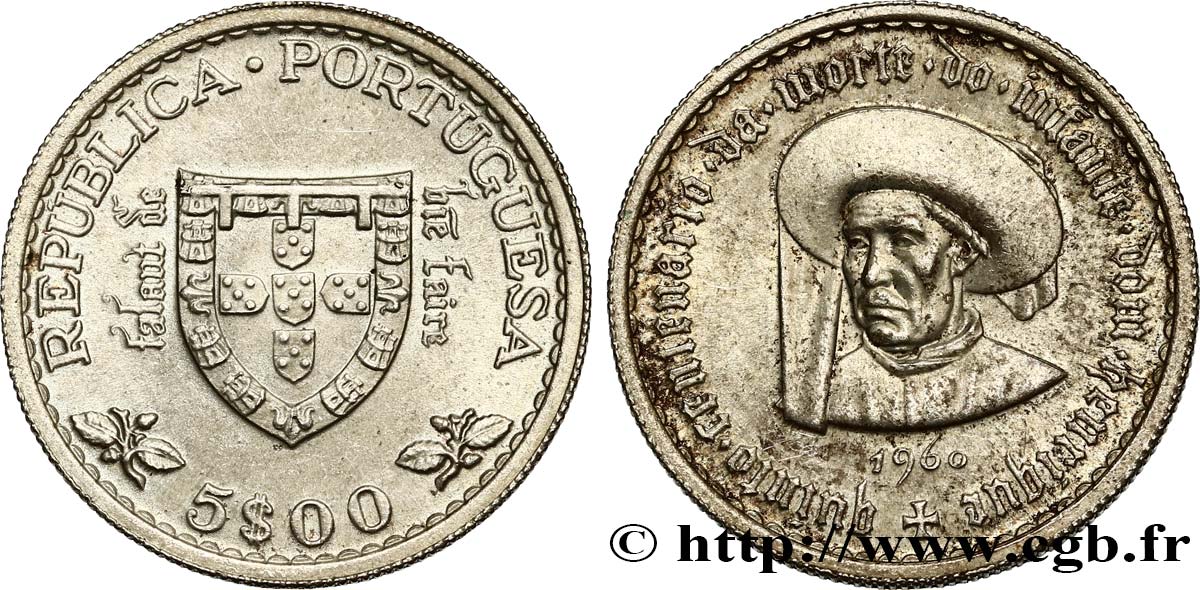 PORTUGAL 5 Escudos 500e anniversaire de la mort de l’infant Don Henrique le navigateur 1960  EBC 