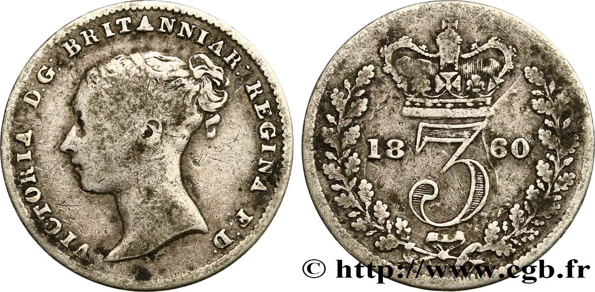 UNITED KINGDOM 3 Pence Victoria “Bun Head” 1860  VF 
