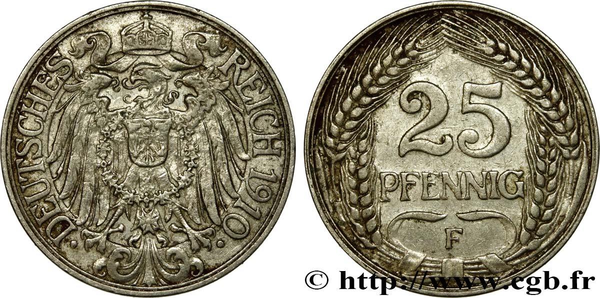 ALLEMAGNE 25 Pfennig Empire aigle impérial 1910 Stuttgart TTB 