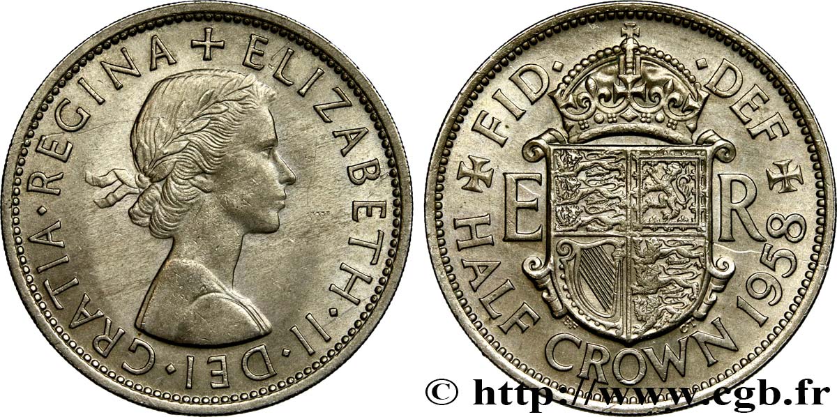 VEREINIGTEN KÖNIGREICH 1/2 Crown Élisabeth II 1958  VZ 