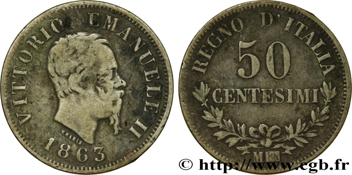 ITALIE 50 Centesimi Victor Emmanuel II 1863 Milan TB 