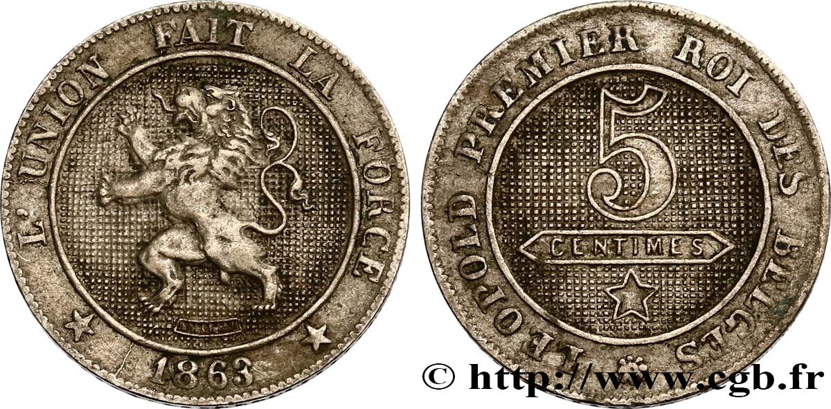 BELGIEN 5 Centimes lion légende Française 1863  SS 
