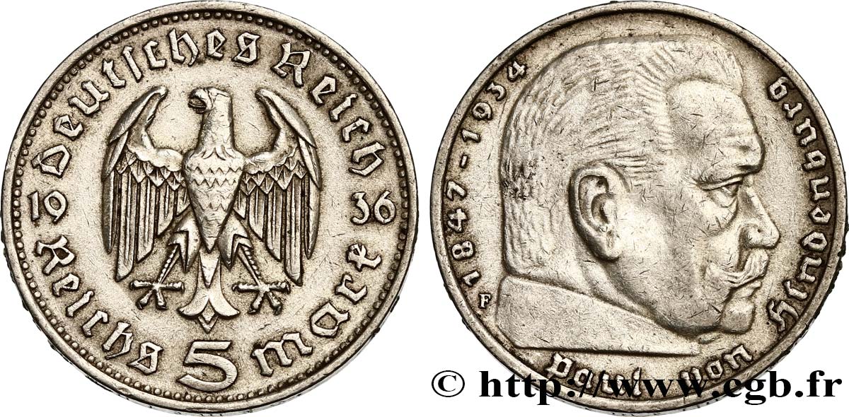 GERMANIA 5 Reichsmark Maréchal Paul von Hindenburg 1936 Stuttgart - F BB 