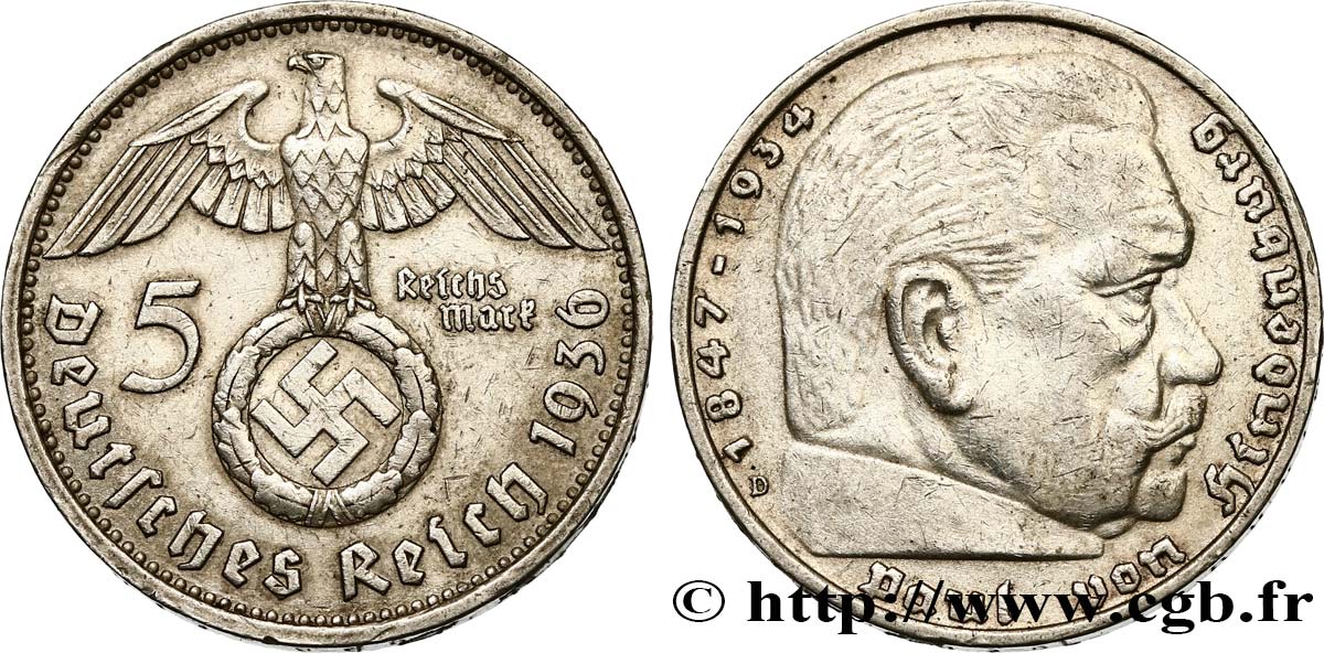 GERMANIA 5 Reichsmark Maréchal Paul von Hindenburg 1936 Munich - D BB 