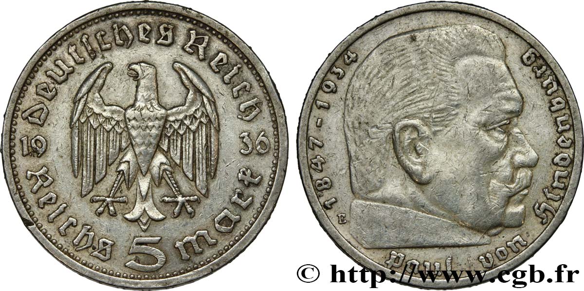 DEUTSCHLAND 5 Reichsmark Maréchal Paul von Hindenburg 1936 Muldenhütten - E SS 