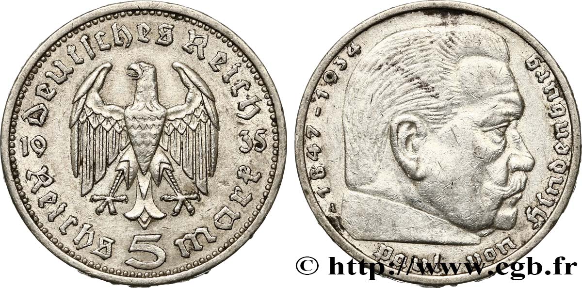 DEUTSCHLAND 5 Reichsmark Aigle / Maréchal Paul von Hindenburg 1935 Berlin SS 