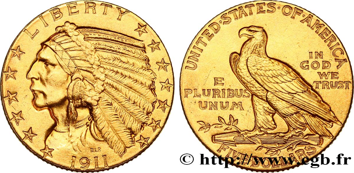 STATI UNITI D AMERICA 5 Dollars  Indian Head  1911 Philadelphie BB 