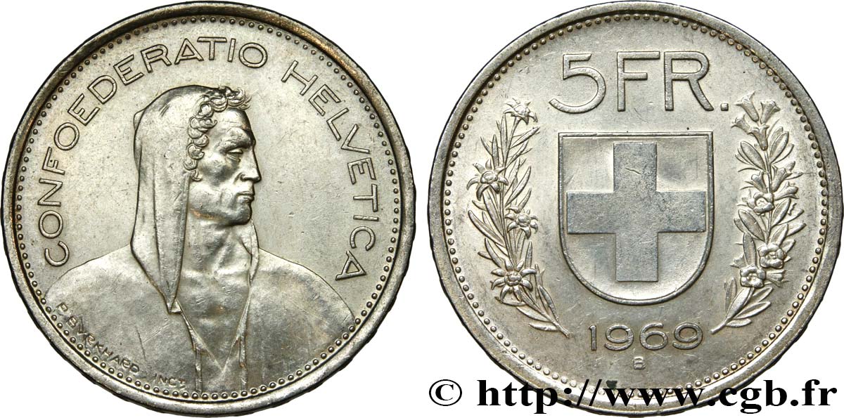 SCHWEIZ 5 Francs Berger des alpes 1969 Berne VZ 