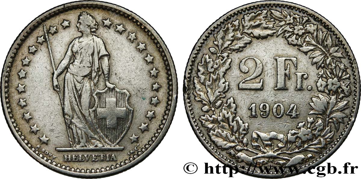 SWITZERLAND 2 Francs Helvetia 1904 Berne - B VF 