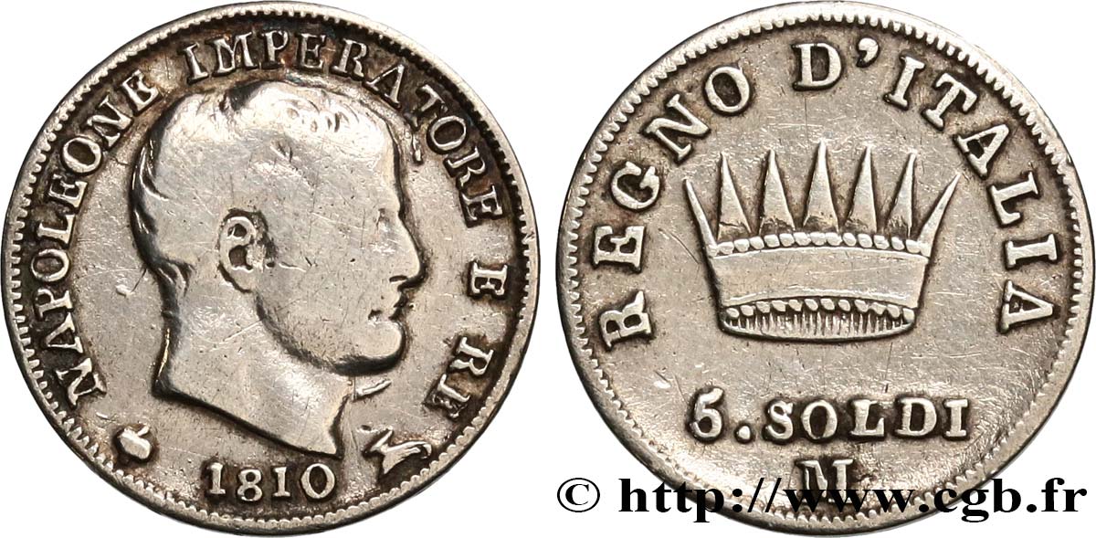 ITALIA - REINO DE ITALIA - NAPOLEóNE I 5 Soldi Napoléon Empereur et Roi d’Italie 1810 Milan BC 