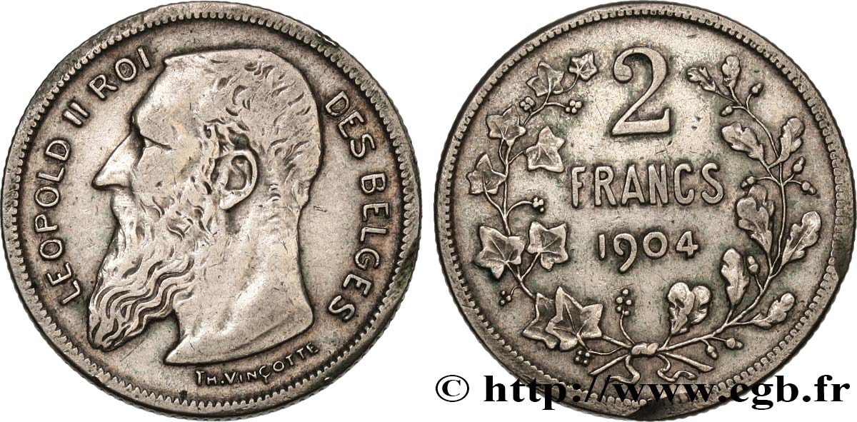 BELGIQUE 2 Francs Léopold II légende française 1904  TB+ 