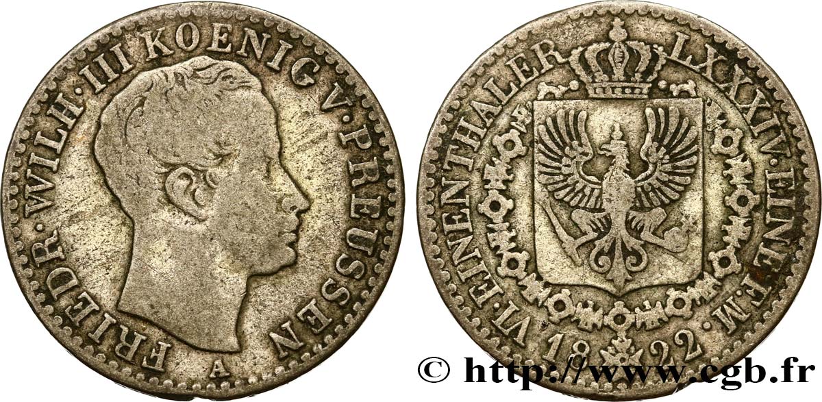 ALEMANIA - PRUSIA 1/6 Thaler Frédéric-Guillaume III roi de Prusse 1822 Berlin BC 