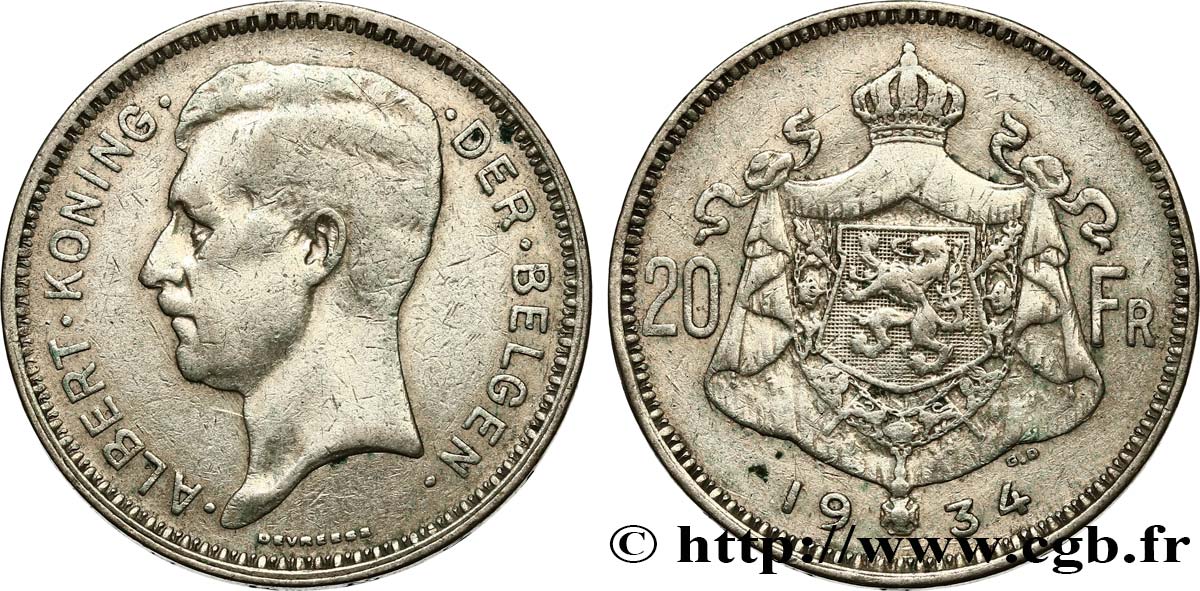 BELGIQUE 20 Francs Albert Ier légende Flamande position B 1934  TB+ 