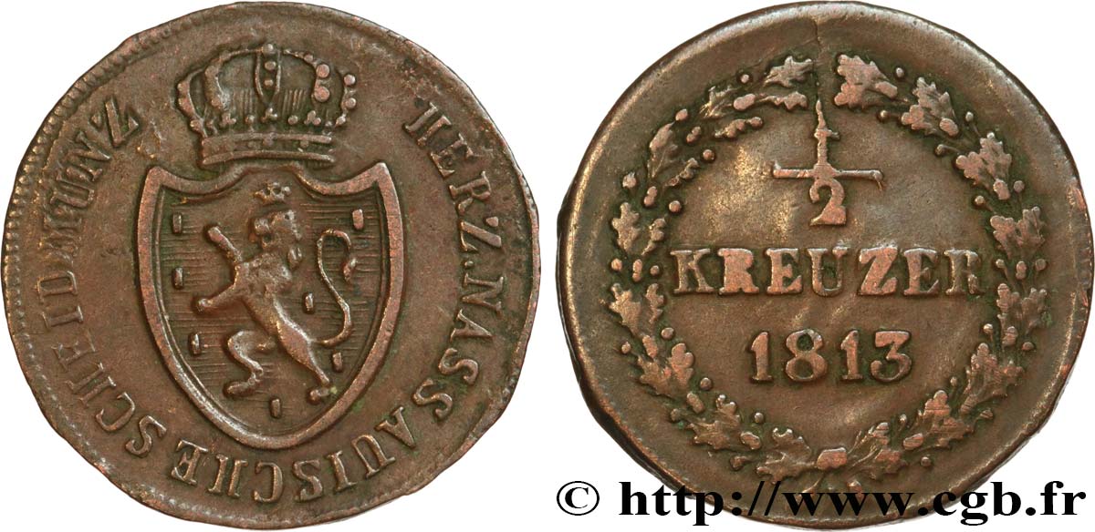 ALLEMAGNE - NASSAU 1/2 Kreuzer Grand-Duché de Nassau 1813  TTB 