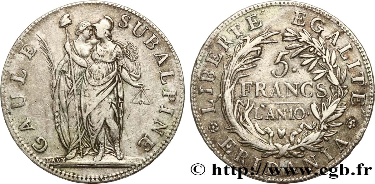 ITALIA - GALIA SUBALPINA 5 Francs an 10 1802 Turin q.BB 