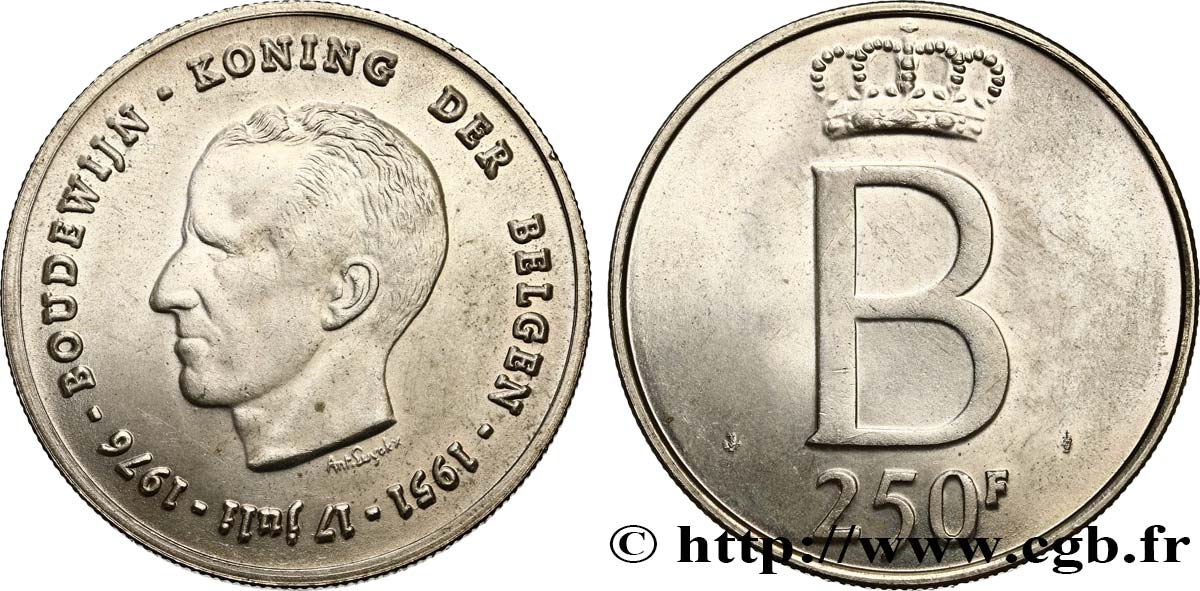 BELGIQUE 250 Francs jubilé d’argent du roi Baudouin légende flamande 1976 Bruxelles SUP 
