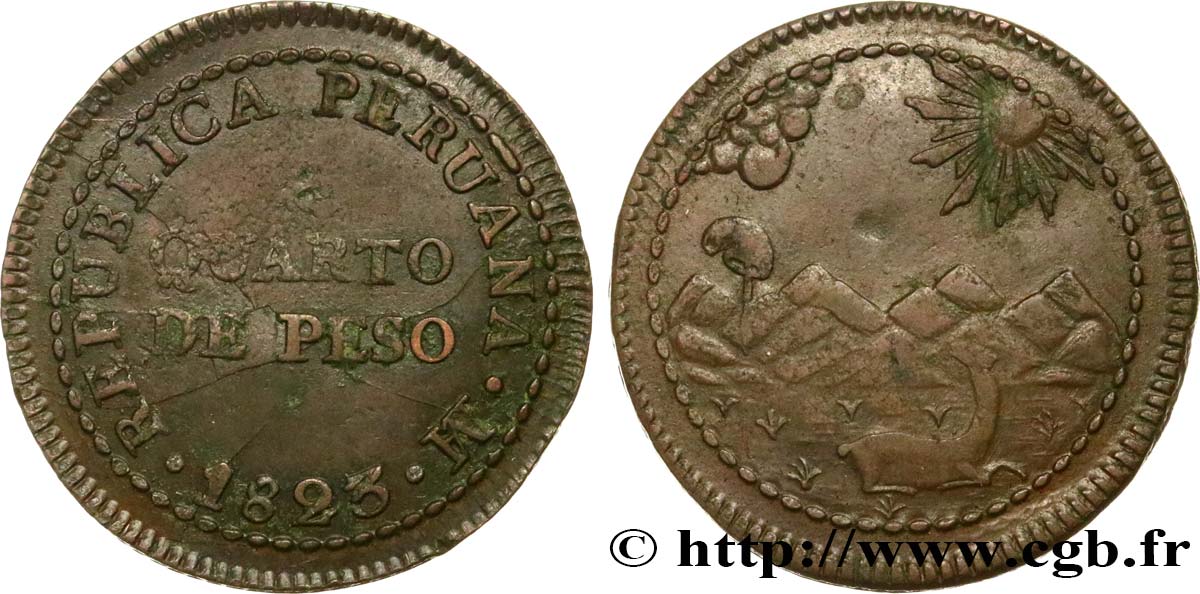PERU 1/4 Peso monnayage provisoire républicain
 1823 Lima VZ 