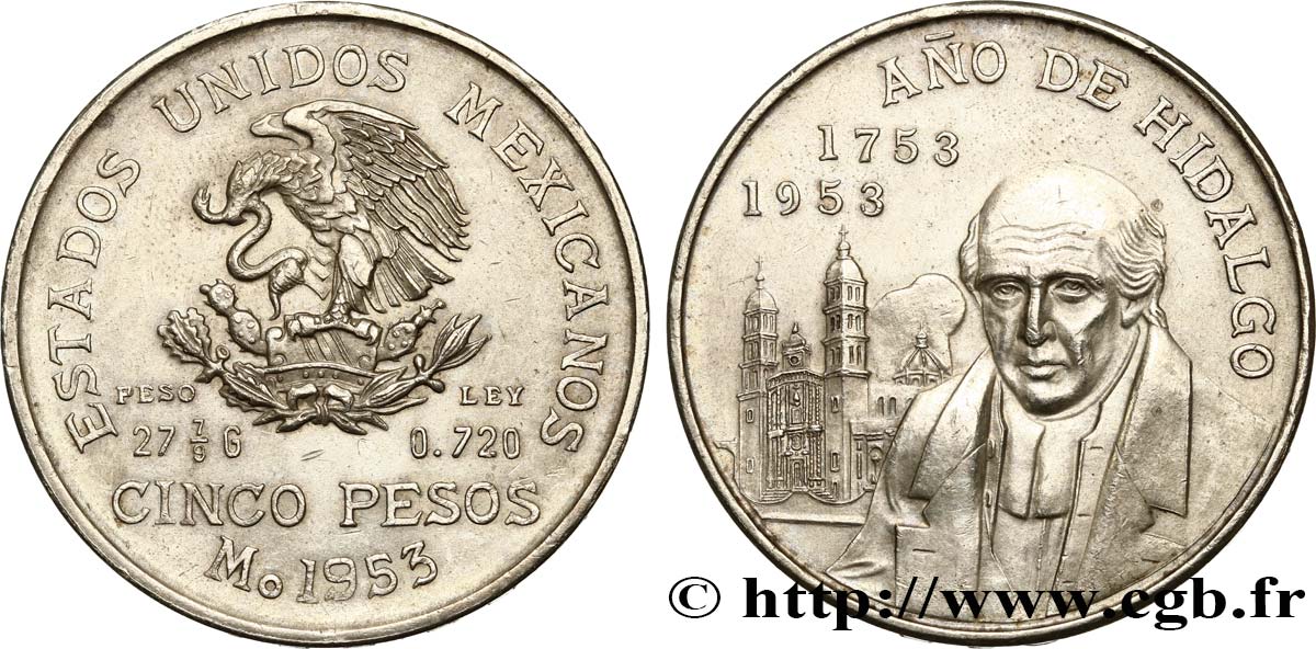 MEXICO 5 Pesos Bicentenaire de la naissance d’Hidalgo 1953 Mexico AU 
