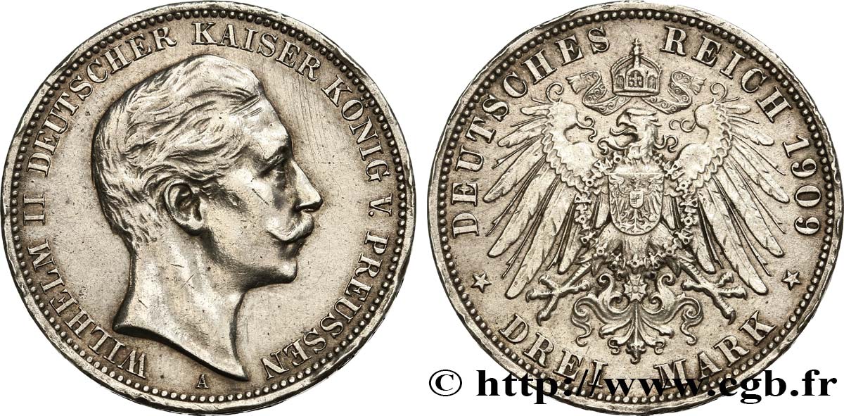GERMANIA - PRUSSIA 3 Mark Guillaume II 1909 Berlin q.SPL 