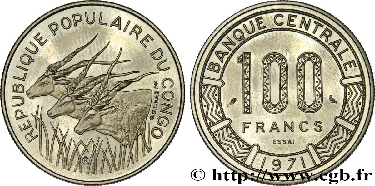 CONGO REPUBLIC Essai de 100 Francs type “Banque Centrale”, antilopes 1971 Paris MS 