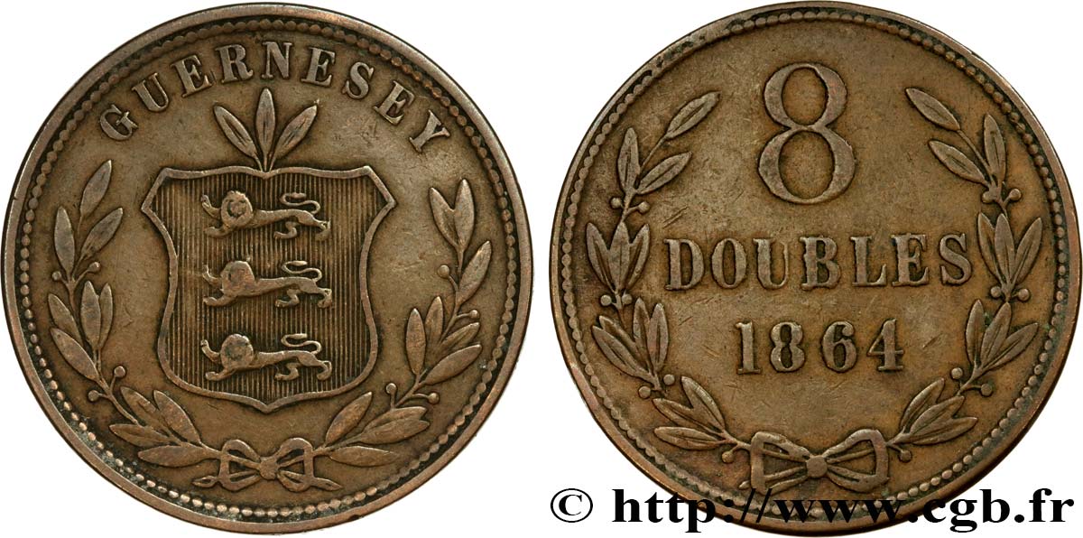 GUERNSEY 8 Doubles armes du baillage de Guernesey 1864 Heaton VF 