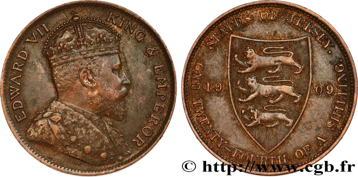 JERSEY 1/24 Shilling Edouard VII / armes du Baillage de Jersey 1909  TB+ 