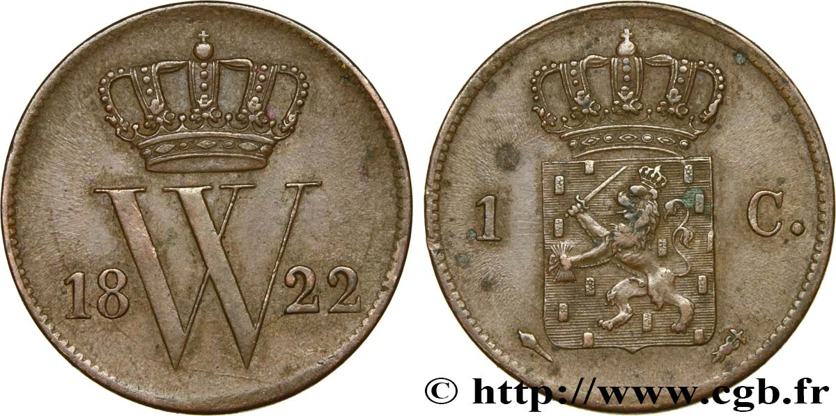 NETHERLANDS 1 Cent emblème monogramme de Guillaume Ier 1822 Utrecht XF 