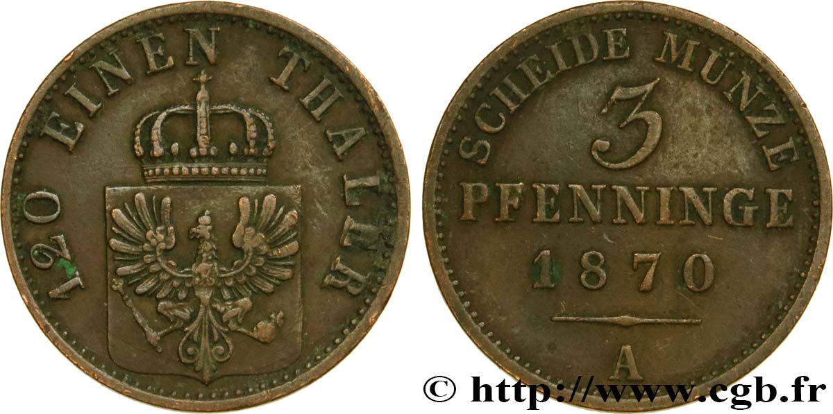 GERMANY - PRUSSIA 3 Pfenninge 1870 Berlin AU 