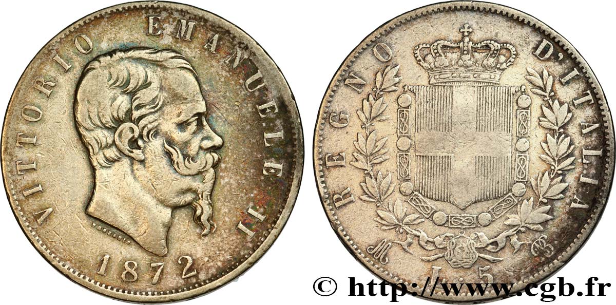 ITALIE 5 Lire Victor Emmanuel II 1872 Milan TB 